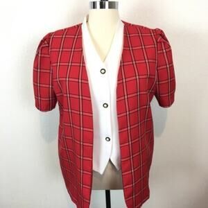 Jacket Vest Top Puffed Sleeve Secretary Chic Librarian Vintage 80s Plaid Combo